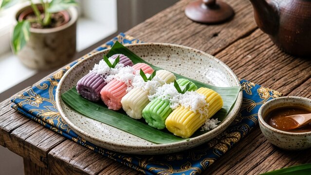 Colorful Indonesian getuk roll with grated coconut and palm sugar sauce