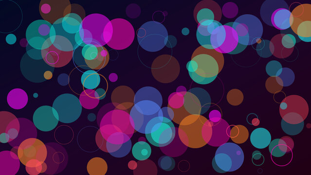 Colorful abstract circles pattern with glowing neon lights on a dark black background for modern design
