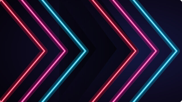 Abstract neon arrow lines in pink and blue glowing light on a dark background for modern technology design