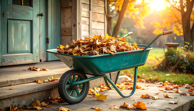 Wheelbarrow full of autumn leaves outside 1.