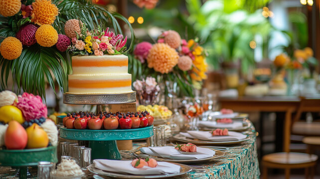 Retirement celebration table with floral centerpiece and desserts. Elegant farewell party setup featuring cakes, fruits, and golden decor for a mil...