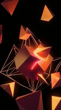 Abstract Motion Graphics of glowing orange geometric cubes and wireframes in a dark background loop