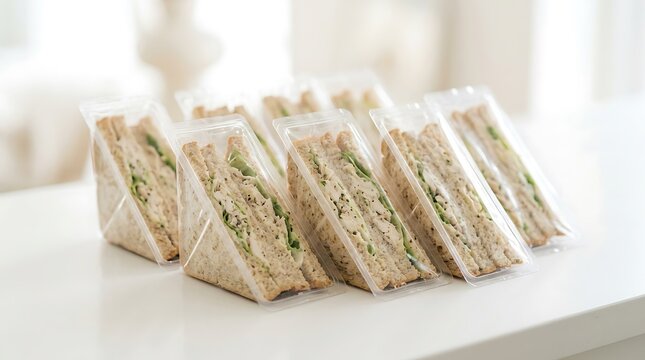 Triangle chicken sandwiches in plastic packaging. Prepackaged lunch snacks for catering.