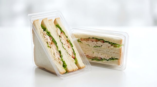 Triangle chicken sandwiches in plastic containers. Prepackaged lunch meal for takeaway.