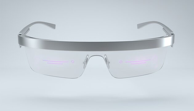 3D illustration of a minimalist floating AR smart glasses made of brushed titanium with neon purple holographic UI elements on the lenses