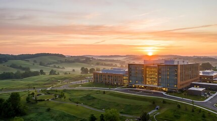 Obraz premium Modern glass building in hills during sunrise