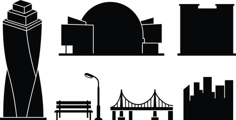 Modern city architecture silhouettes vector set including skyscraper dome building bridge bench street lamp and urban skyline icons isolated on white background. © MAHIYA AKTER