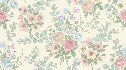 Vintage floral pattern with pastel roses and eucalyptus © Sendang