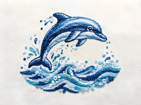 Intricate embroidery of a jumping dolphin in blue thread, handcrafted needlework depicting a marine mammal leaping over ocean waves. Detailed textile art featuring a blue dolphin and splashing