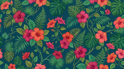 Seamless Tropical Pattern with Hibiscus Flowers and Exotic Leaves © Sendang