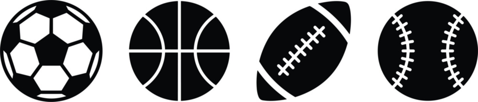 Popular sports balls black silhouette icon set featuring classic soccer ball basketball american football and stitched baseball vector graphic illustration elements