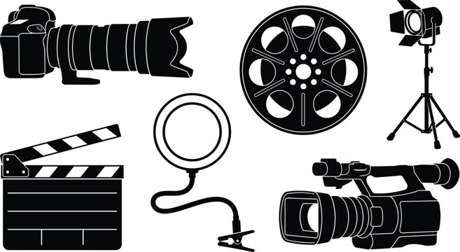 Professional filmmaking and video production silhouette icon set featuring telephoto camera clapperboard ring light film reel studio spotlight and camcorder vector