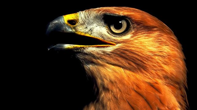 Eagle head profile isolated on black background with sharp eye and