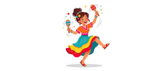 Fototapeta premium Joyful Woman Dancing with Maracas in Colorful Dress