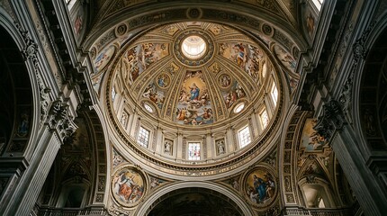 Fototapeta premium Ornate cathedral dome interior. Detailed baroque church ceiling with religious frescoes.