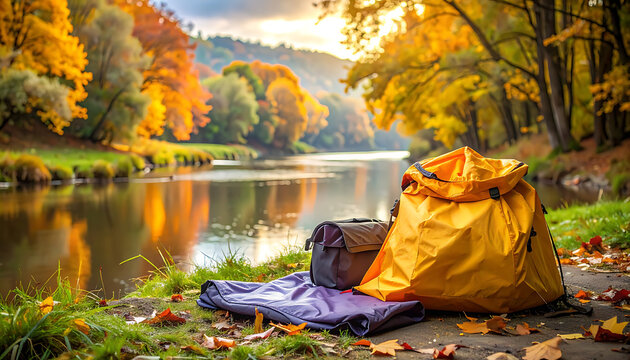 Autumn camping by serene lake shore.