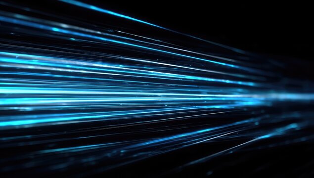 Dynamic artwork with flowing blue streaks against a dark background, suggestive of speed, technology, and futuristic concepts