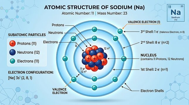 Atomic structure of Sodium diagram. Scientific illustration of Na element electron shells.