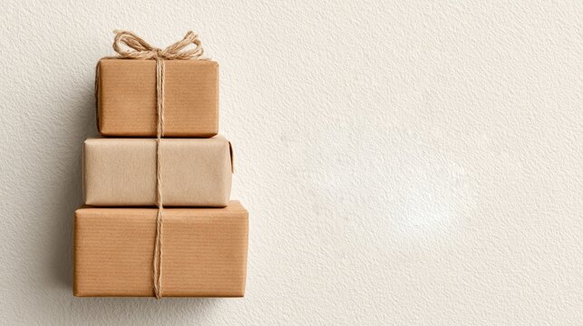 Three stacked kraft paper gift boxes of different sizes, tied with twine, the top small box decorated with a simple bow, placed against a plain light off-white wall, the layout leaves ample blank spac