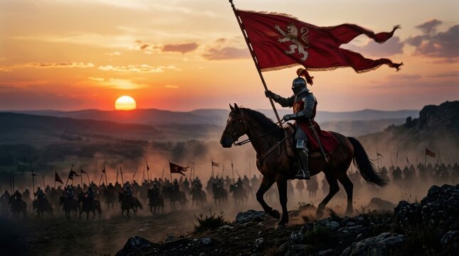Medieval Knight Templar on Horseback Holding Red Lion Flag at Golden Hour Battlefield
