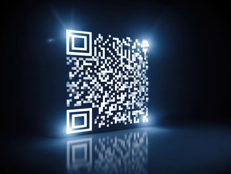 Illuminated digital square code, rendered with bright white squares on a dark background. It is a 3D graphic