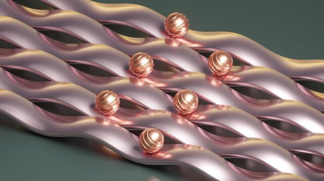 A smooth 3D animated loop showing textured rose gold spheres rolling down continuous metallic wavy tracks, perfect for technology, modern design, and video background usage.