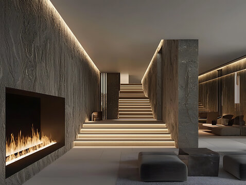 Modern luxury interior with a sleek fireplace and illuminated staircase