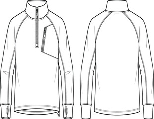 Fashion Technical Flat Sketch of Men Half Zip Raglan Activewear Fleece Pullover Front and Back View © MdSohel