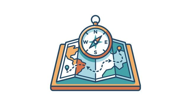 A stylized illustration of a vintage navigation compass resting on an open paper world map