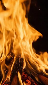 Bright burning campfire with glowing orange flames dancing in the dark