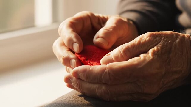 Close up hands holding red heart shape soft fabric warm light