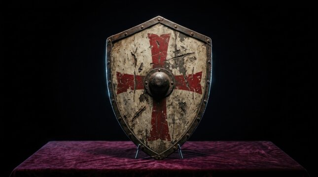 Medieval Battle Worn Knights Templar Shield with Red Cross and Velvet