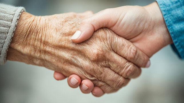 A firm handshake between an elderly person and a younger individual, representing a pact, agreement, or a sign of respect and connection.