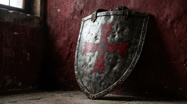 Ancient Knights Templar metal shield with red cross leaning against a stone wall in a castle room