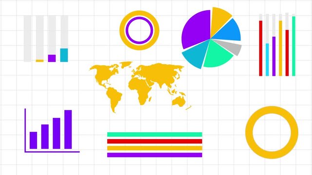 Colorful charts float above a world map on a grid background. Data visualizations hint at global analytics and business trends. Bright hues suggest growth, progress, and digital innovation