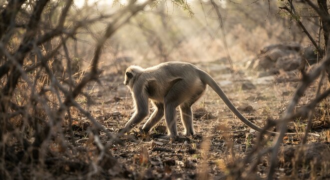 A gray langur monkey walking through a dry forest undergrowth
