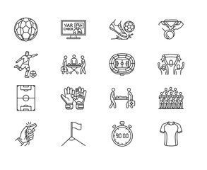 Soccer and football match line icon set featuring stadium goalkeeper and referee whistle © TMchaerani