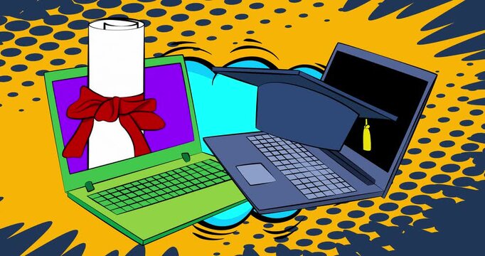Cartoon Laptop, comic book Notebook with Graduation Cap and Rolled Up Diploma. Retro cartoon comics pop art animation.