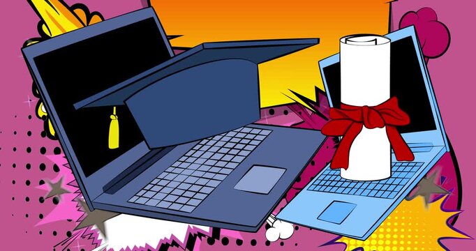Cartoon Laptop, comic book Notebook with Graduation Cap and Rolled Up Diploma. Retro cartoon comics pop art animation.