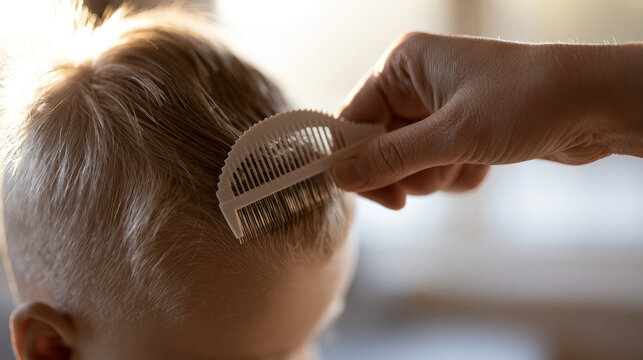 Child hair lice treatment fine tooth comb hand care close up blond hair soft light healthy skin side view home interior clean hair young child grooming parental care scalp care head hair strand