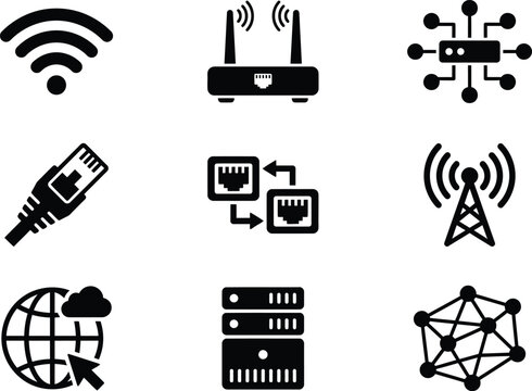Technology and connectivity icons including wifi router network cable antenna and servers.