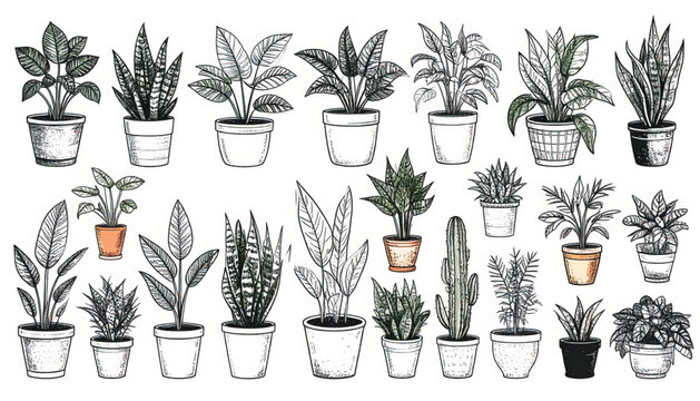 Hand-Drawn Potted Houseplants, Botanical Illustration with Outline and Sketchy Style