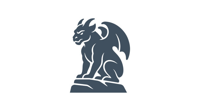 A stylized dark grey gargoyle silhouette perched on a stone base.