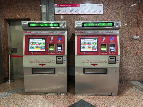 Kuala Lumpur, Malaysia - April 13, 2026: rapidKL Ticket Vending Machines at KL Sentral LRT Station Interior