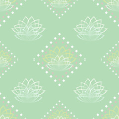 Fototapeta premium Luxury Mint Green Lotus Seamless Pattern with Elegant Thai Floral Ornament Background