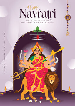 Happy Navratri Festival Poster with Goddess Durga on Lion With Large Shivling In Background