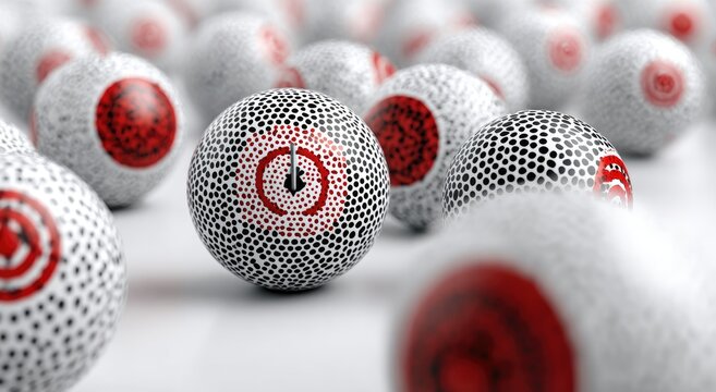 Close-up view of multiple spherical objects with a white, textured surface speckled with black dots and a red circular design. Some blur in the foreground