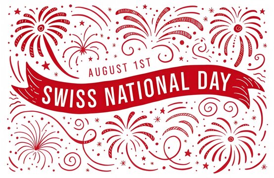 Swiss National Day Celebration August 1: Mountains, Flag, Alphorn, Goat, Edelweiss Illustration, Swiss National Day Celebration 1 August Typography