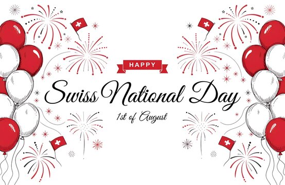 Swiss National Day Celebration August 1: Mountains, Flag, Alphorn, Goat, Edelweiss Illustration, Swiss National Day Celebration 1 August Typography