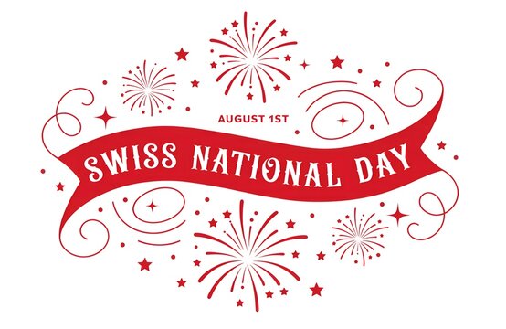 Swiss National Day Celebration August 1: Mountains, Flag, Alphorn, Goat, Edelweiss Illustration, Swiss National Day Celebration 1 August Typography
